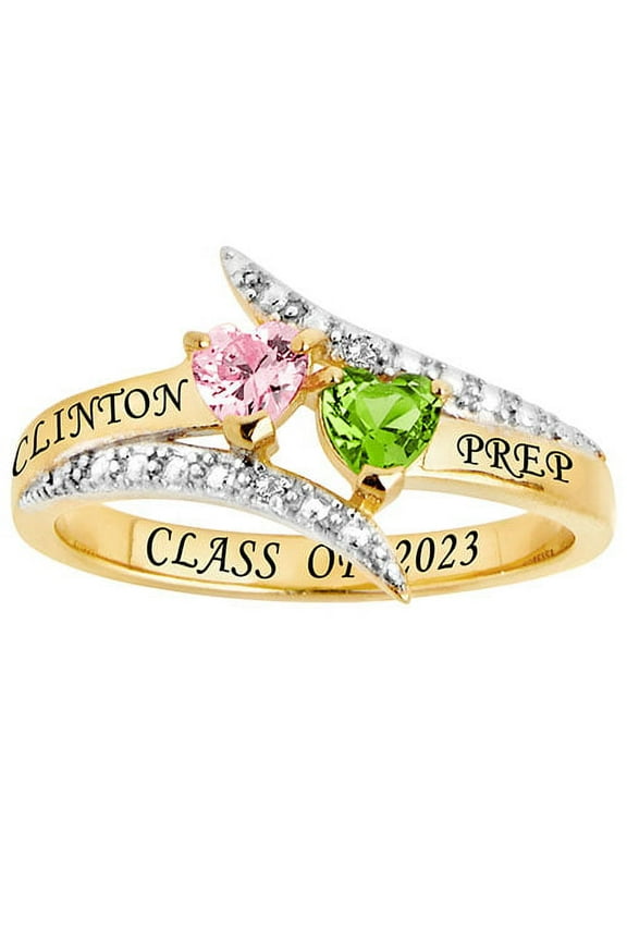 Order Now for 2025 Graduation, Freestyle Double Heart Birthstone Bypass Diamond Accent Class Ring, Personalized, High School or College