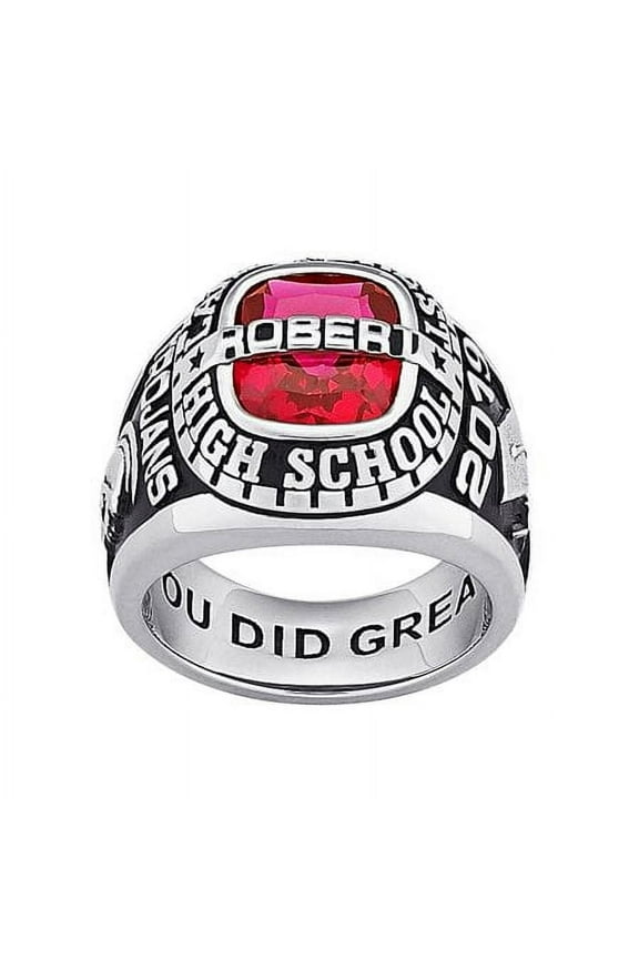 Freestyle Class Ring Mens Custom Celebrium Top with Bridge Text, Personalized for High School or College, Graduation