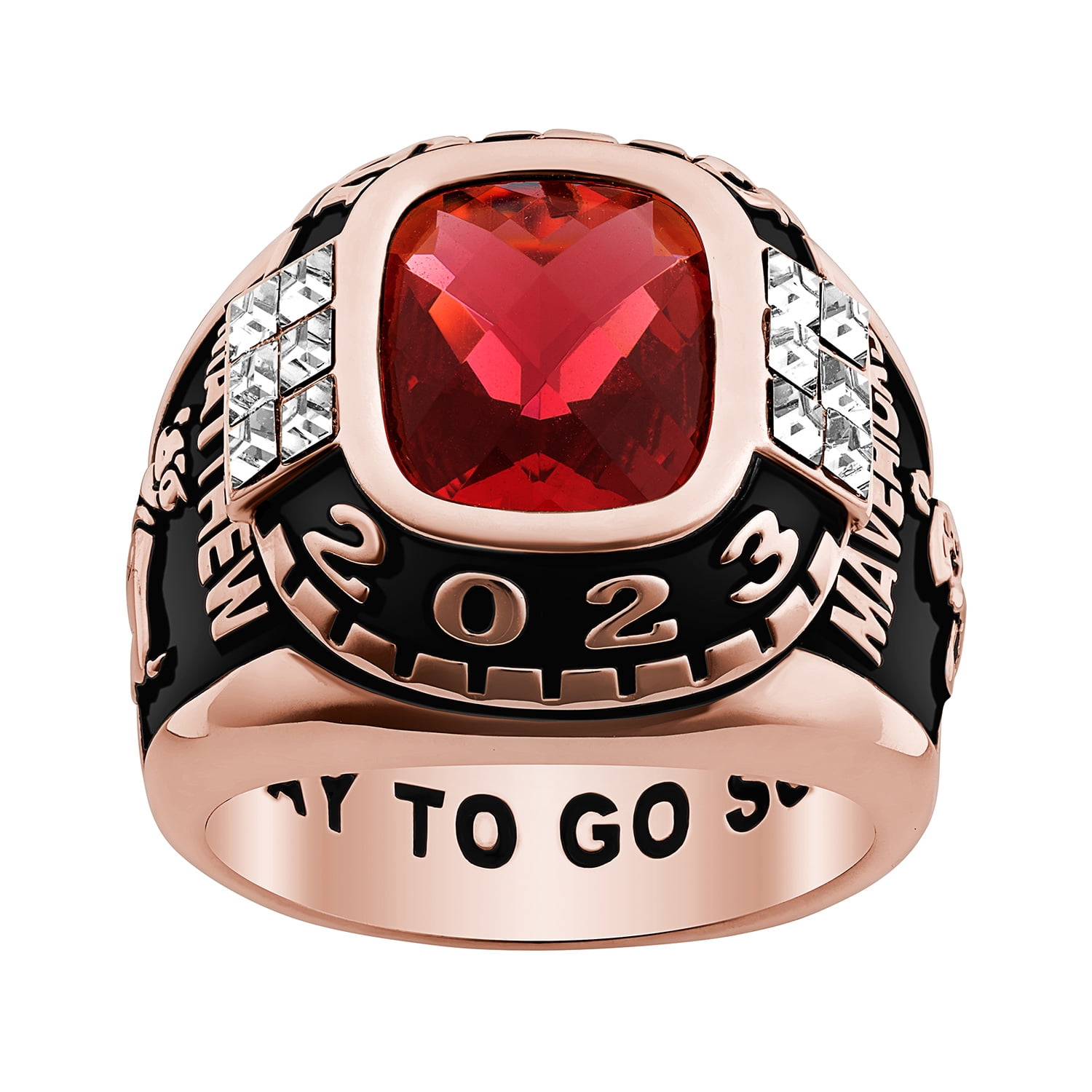 Order Now for 2025 Graduation, Freestyle Men's Rhodium Rose Cushion Birthstone & CZ Class Ring, Personalized, High School or College Graduation