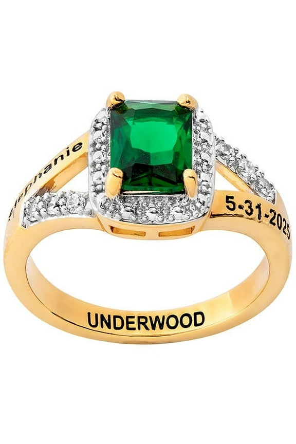 Freestyle Women's Gold over Sterling Emerald Cut Birthstone with CZ Class Ring, Personalized, High School or College