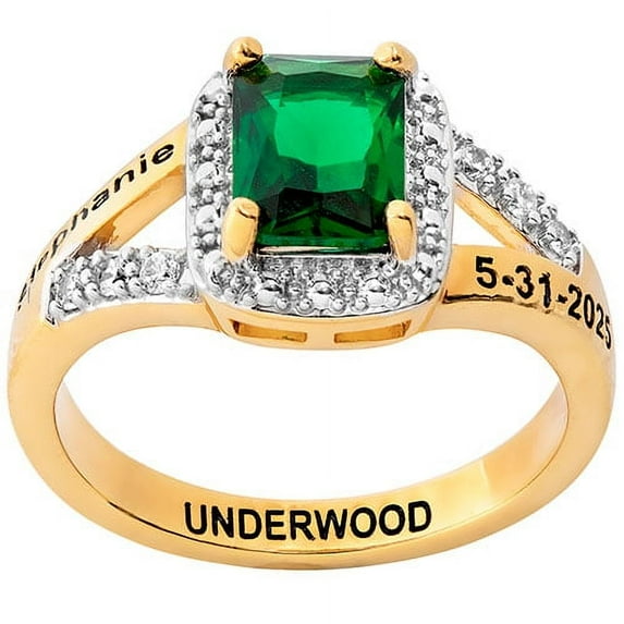 Freestyle Women's Gold over Sterling Emerald Cut Birthstone with CZ Class Ring, Personalized, High School or College