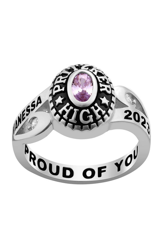 Order Now for 2025 Graduation, Freestyle Women's Silver Cubic CZ Scroll Bypass Birthstone Class Ring, Personalized, High School or College Graduation