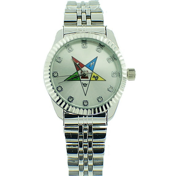 Order of the Eastern Star Masons Watch OES Symbol Silver Steel w/ Silver Face CZ