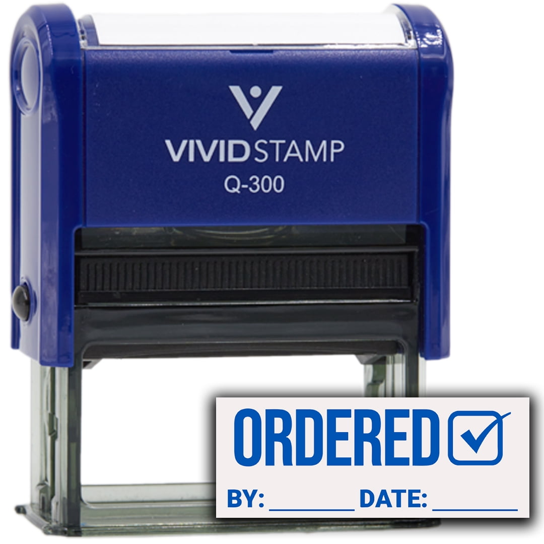 "Ordered By Date (Order Complete)" Self-Inking Rubber Stamp - Blue Ink, 3/4" X 1-7/8" Impression, Re-Inkable