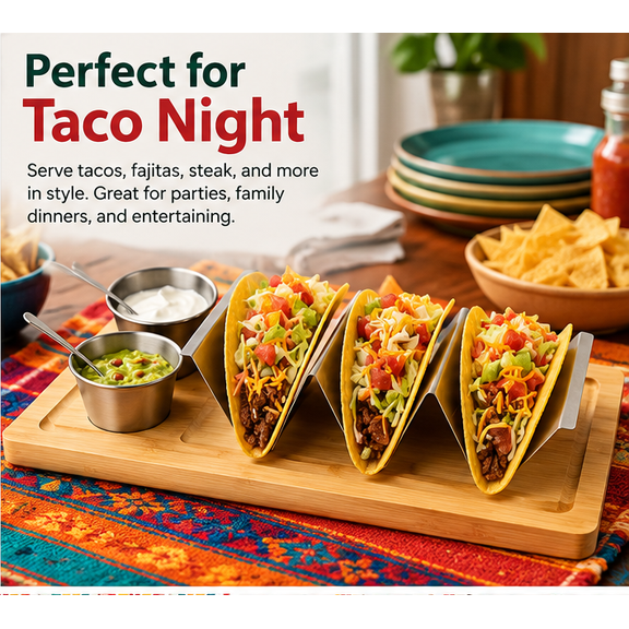 Orderly Taco Night Taco Serving Set with Stainless Steel Taco Rack, Natural Wood Tray & 2 Condiment Cups