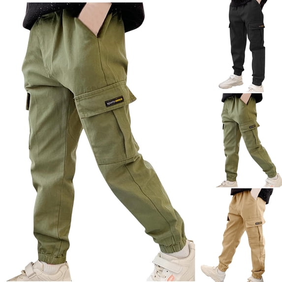 Mceream Boys Cargo Pants Baggy Casual Cargo Joggers with Pockets Solid Color Uniform Pants Elastic Waist Lightweight Joggers Stretch Hiking Pants Army Green 9 Years