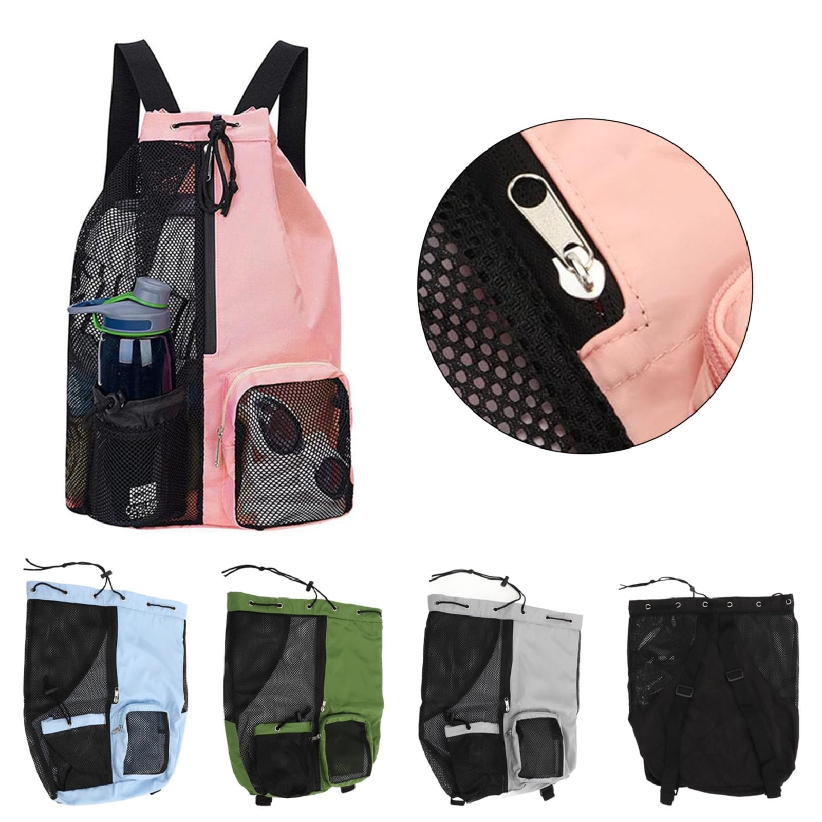 Grey Mesh Drawstring Swim Backpack with Wet Bag - Durable Beach Gym Bag for Wet Gear