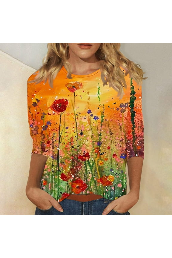 3/4 Sleeve Tops for Women Summer Crewneck Cute Floral Print Tees Shirts Trendy Ladies Blouses Dressy Casual Shirts XL Camisas Para Mujer