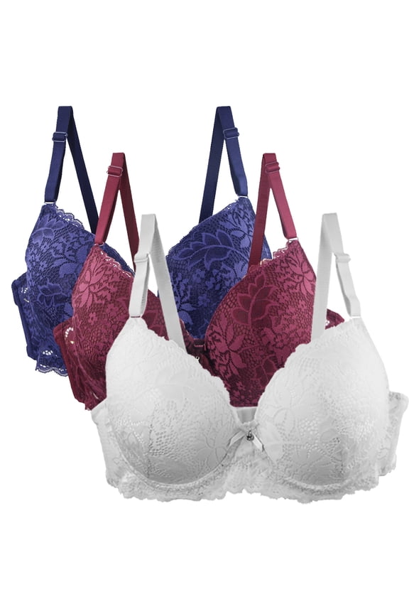 3 Pack Push Up Bras for Women Plus Size Lace Full Coverage Bra Wireless Bralettes Soft Comfy Breathable Everyday Bras Blue XXL Brasier Sin Varillas Para Mujer