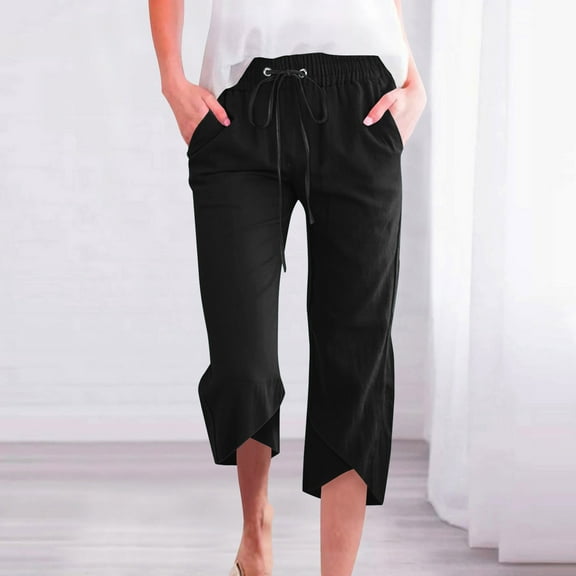 Gamivast Capri Pants for Women Casual Summer Elastic Waist Drawstring Capris Linen Pants with Pockets Straight Wide Leg Cropped Trousers Black S Pantalones Capri Para Mujer