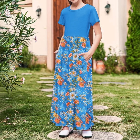 Gamivast Casual Maxi Skirts for Girls 2025 High Waist Boho Skirts Floral Printed Long Flowy Skirt with Pockets Holiday A Line Skirt Blue 4T Vestidos De Verano Para Niña
