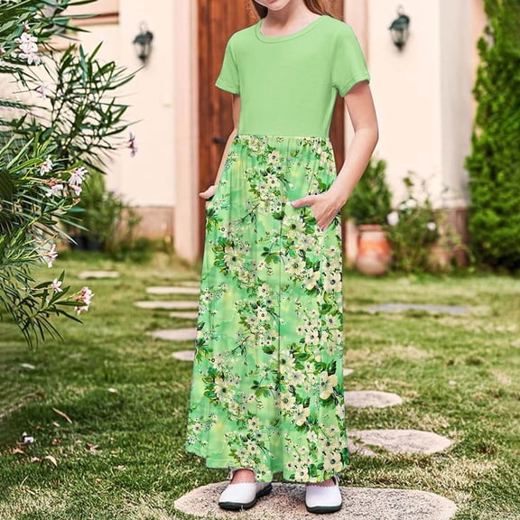 Gamivast Casual Maxi Skirts for Girls 2025 High Waist Boho Skirts Floral Printed Long Flowy Skirt with Pockets Holiday A Line Skirt Green 13 Years Vestidos De Verano Para Niña