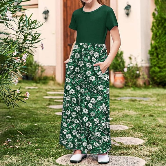 Gamivast Casual Maxi Skirts for Girls 2025 High Waist Boho Skirts Floral Printed Long Flowy Skirt with Pockets Holiday A Line Skirt Green 5T Vestidos De Verano Para Niña