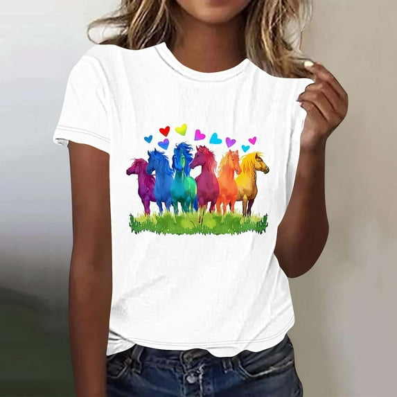 Gamivast Horse Racing Shirts for Women Summer Casual Short Sleeve Tops Funny Graphic Tees Crewneck Loose Fit Tunic Blouse XL Camisas Para Mujer