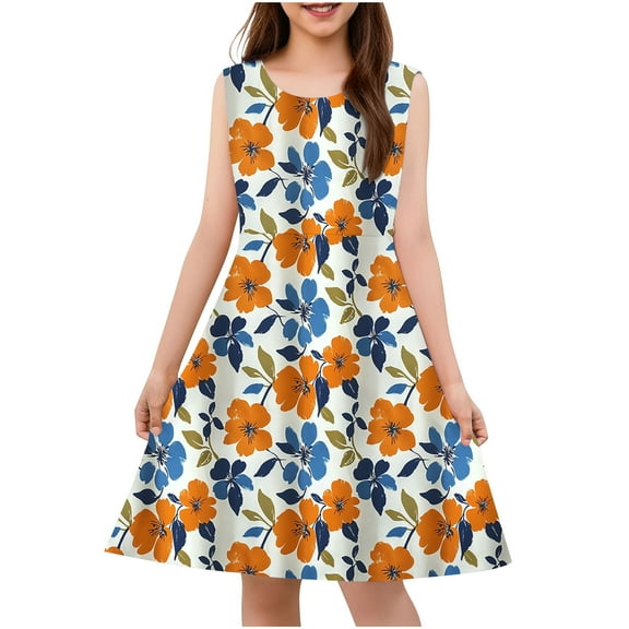 Gamivast Summer Dress for Girls Small Floral Casual Sleeveless Sundress A-Line Tank Dress with Pockets Vacation Casual Beach Dress 13 Years Vestidos De Verano Para Niña