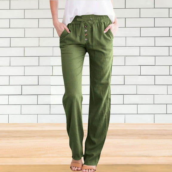 Gamivast Summer Linen Pants Women Lightweight Relax Fit Elastic Waist Plus Size Solid Casual Loose Wide Leg Pants for Beach Travel Vacation Green S Pantalones Capri Para Mujer