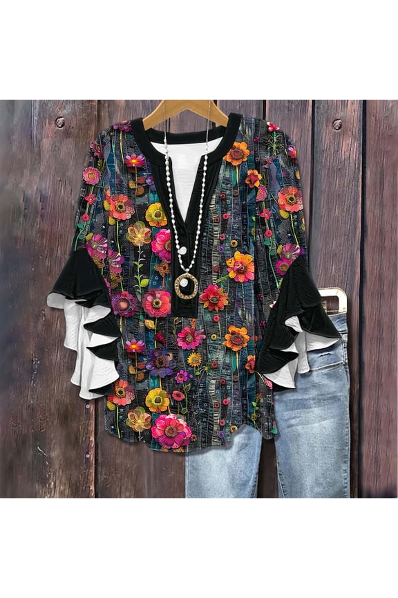 Summer Plus Size Tops for Women Fashion Floral Print Button 3/4 Length Sleeve Shirts Loose Fit V Neck T Shirts Vacation Casual Beach Tops S Camisas Para Mujer