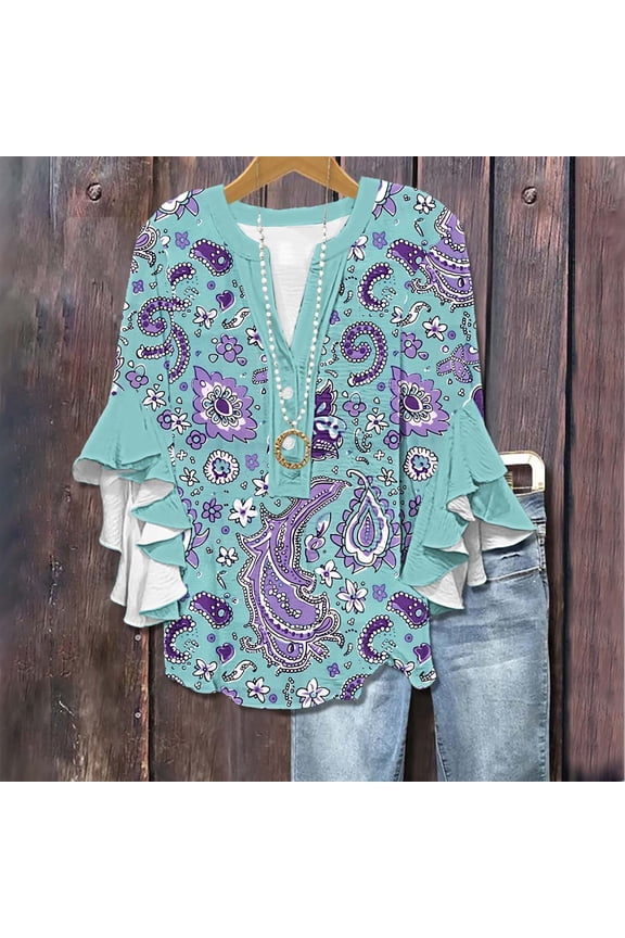 Summer Plus Size Tops for Women Fashion Floral Print Button 3/4 Length Sleeve Shirts Loose Fit V Neck T Shirts Vacation Casual Beach Tops M Camisas Para Mujer