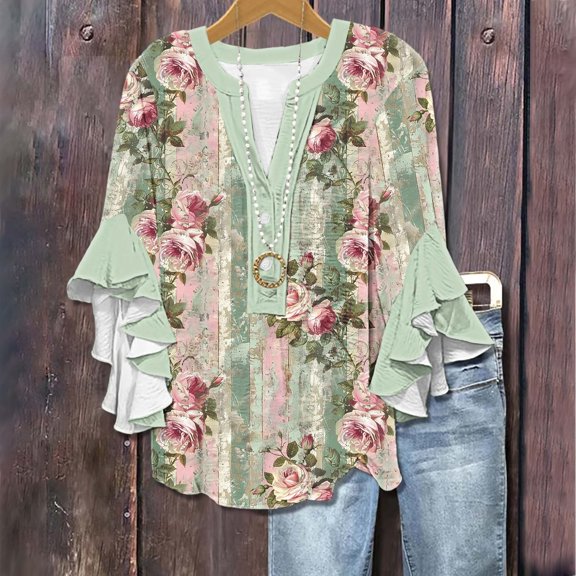 Gamivast Summer Plus Size Tops for Women Fashion Floral Print Button 3/4 Length Sleeve Shirts Loose Fit V Neck T Shirts Vacation Casual Beach Tops L Camisas Para Mujer
