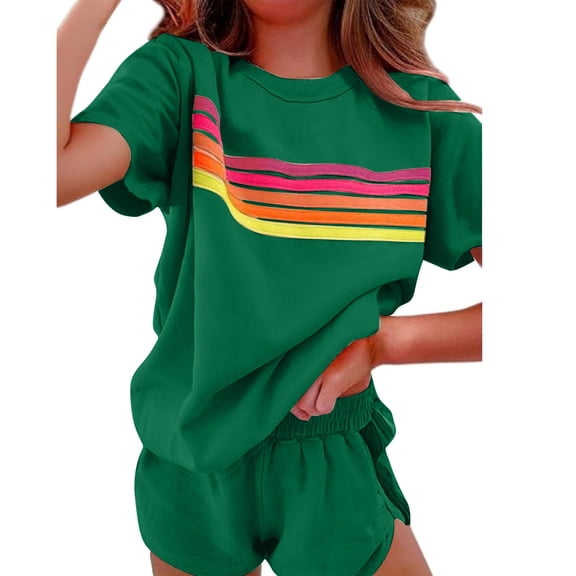 Gamivast Two Piece Sets for Women Striped Color Block Sweatsuit Oversized Short Sleeve Tops and Shorts Lounge Sets Summer Workout Outfits Green M Camisas Para Mujer
