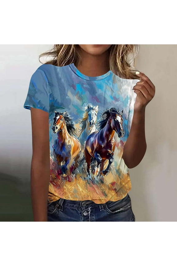 Womens Horse Racing Tops Cap Sleeve Summer Retro Blouse Crew Neck Tee Shirt Stylish Workout Tshirts for Ladies L Camisas Para Mujer
