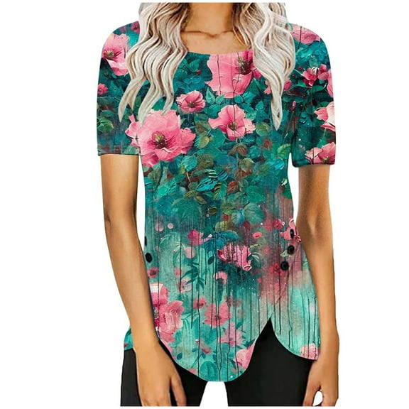 My Orders Lightweight Tops & Blouses Floral Print Blouses for Women Tank Tops for Women 2025 Womens Tops Dressy Casual Short Sleeve V Neck Hawaiian Shirts Blue