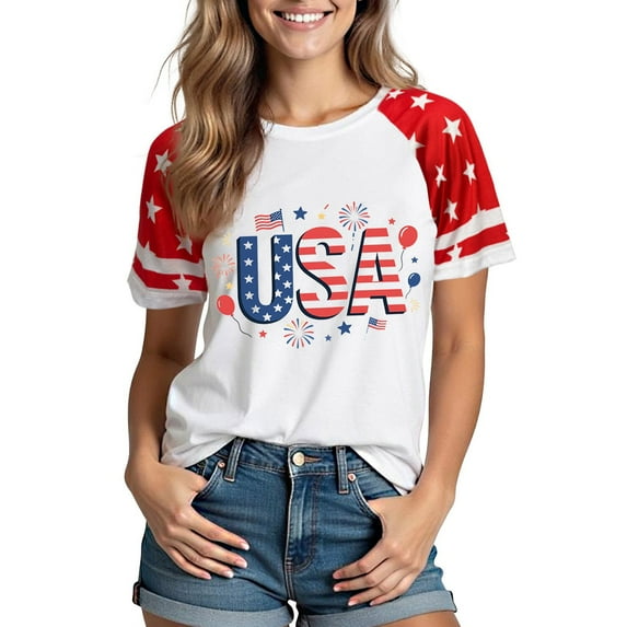 Xdegoge 4Th of July Shirts for Women Patriotic Usa Tops Short Sleeve Raglan American Flag T Shirt Summer Crew Neck Blouses Casual Graphic Tee
