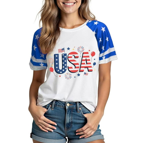 Xdegoge 4Th of July Shirts for Women Patriotic Usa Tops Short Sleeve Raglan American Flag T Shirt Summer Crew Neck Blouses Casual Graphic Tee