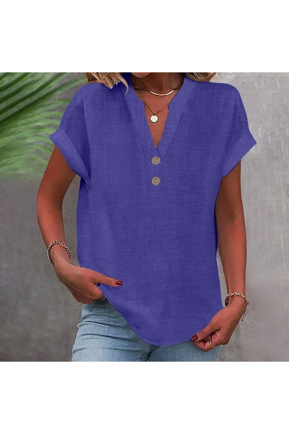 Linen Shirts for Women Plus Size V Neck Blouses Loose Fit Short Sleeve Tops Fashion Summer Shirts Elegant Dressy Casual Blouses Womens Clothing Under 10.00