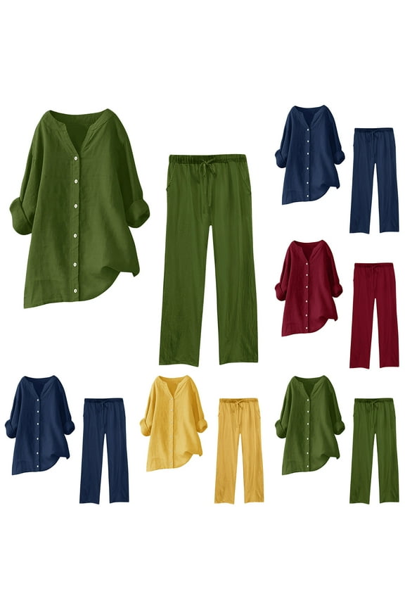 Orders Placed By Me Recently Sweatsuits 2Pcs Sets Womens ZVAVZ Lady Cotton Linen Outfits Buttons Long Sleeve Shirt Casual Loose Pants Tracksuit Casual Pants 2 Piece Set