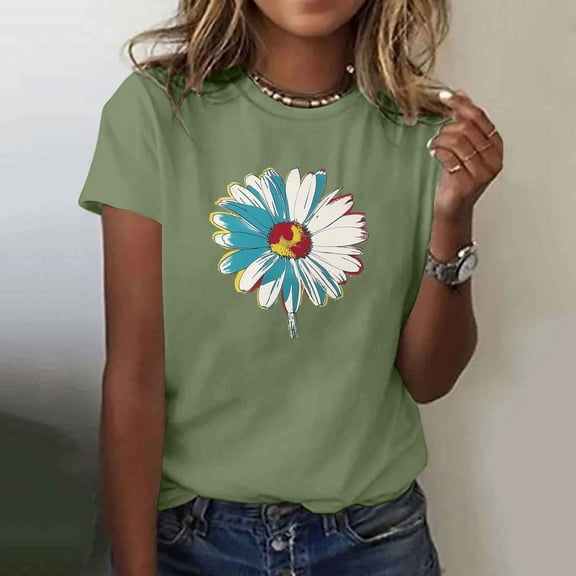 Xdegoge T Shirts for Women Short Sleeve Summer Tops Floral Graphic Tees Casual Tunic Cute T-Shirt Loose Fit Crew Neck Blouses Plus Size Basic Shirts Women