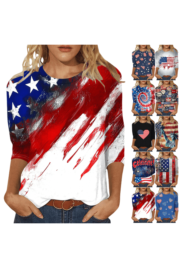 At 4Th of July Clothes Women Shirts 3/4 Sleeve Patriotic Tshirts American Flag Shirt Star Striped Graphic Blouse Crew Neck Usa T Shirt of The Day
