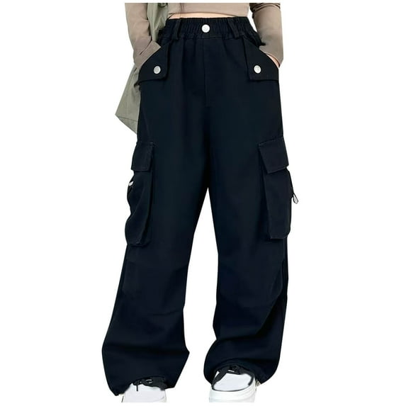 Xdegoge Girls Casual Pants Flowy Loose Long Trousers Travel Cargo Pants with Pockets Minimalist Girls Uniform Pants Teen Girl Gifts 6-8 Pantalones Para Niñas