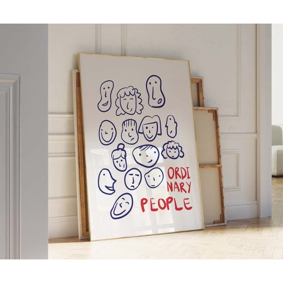 Ordinary People Exhibition Hand Drawn Blue and Red Human Faces Wall Picture, Unframed Canvas 8x10in