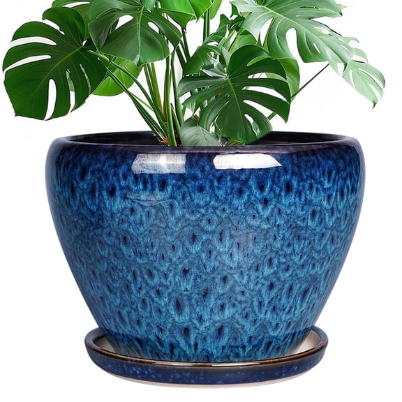 Ordivic 10 inch Peacock Blue Reactive Glaze Ceramic Planter with Saucer, Large Plant Pot with Drainage Hole for Indoor House Plants