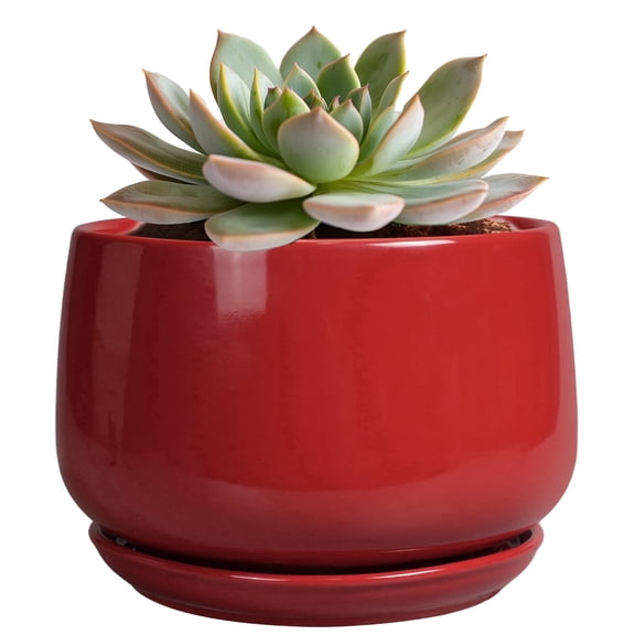 Ordivic 5 Inch Red Ceramic Planter with Drainage Hole and Saucer – Round Flower Pot for Indoor Plants, Modern Home Decor