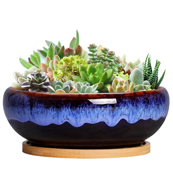 Ordivic 7 Inch Round Ceramic Succulent Planter Pot Drip Glazed Shallow Planter with Drainage Bamboo Tray for Indoor Plants