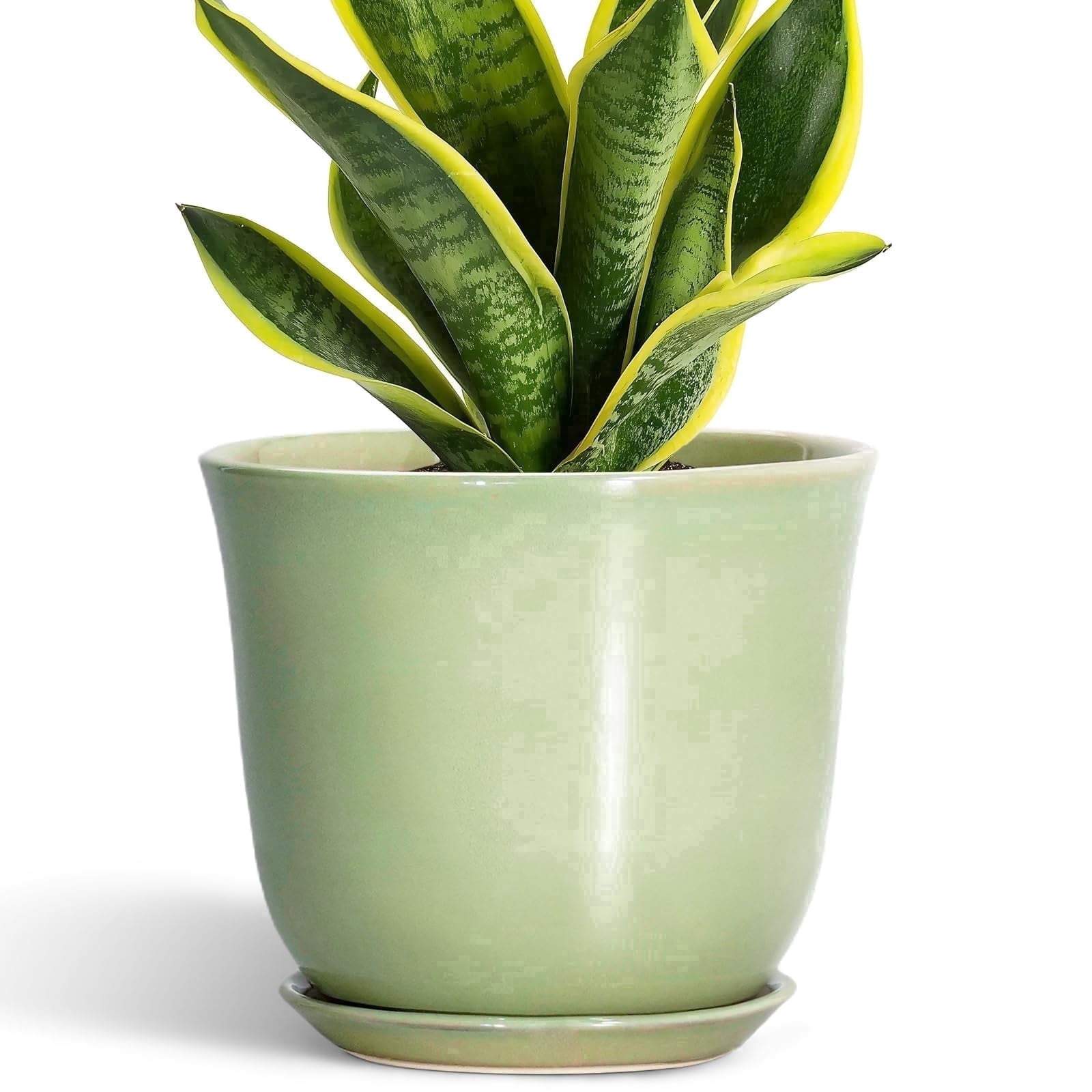 Ordivic 8 inch Green Ceramic Planter with Drainage Hole and Saucer | Modern Indoor Flower Pot for Snake Plants, Office & Home Decor