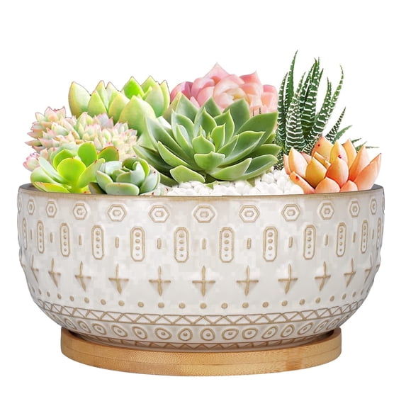 Ordivic 8 inch Matte White Shallow Ceramic Planter with Drainage Hole & Natural Bamboo Saucer, Round Bowl Pot for Succulents Cacti Mini Bonsai, Indoor Tabletop Decor