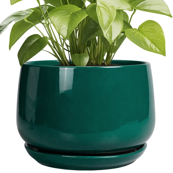 Ordivic 9 inch green large round ceramic planter with saucer & drainage hole, indoor pot for pothos, peace lily, side table, enclosed balcony, home decor