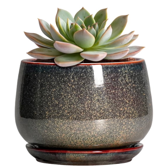 Ordivicd 6 inch Dark Reactive Glaze Round Ceramic Planter Pot with Drainage Hole & Saucer, Small Indoor Succulent Cactus Plant Pot for Home Windowsill Decor, Gift for Plant Lovers Women