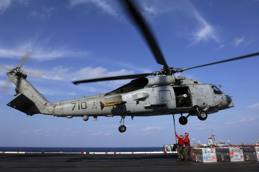 Ordnancemen connect transport cables to a SH-60B helicopter Canvas Art - Stocktrek Images (34 x 23)