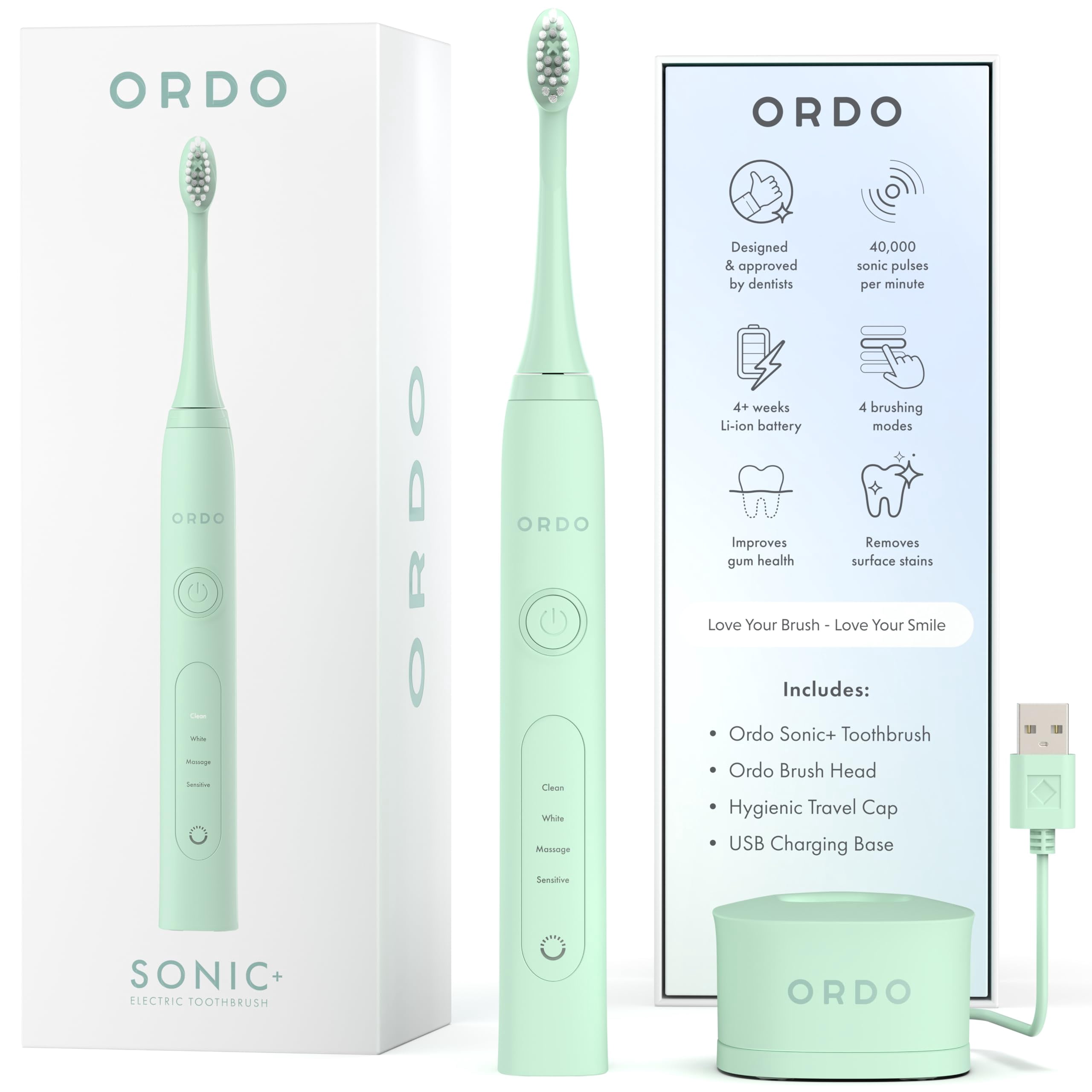 Ordo Sonic Electric Toothbrush Advanced Smart Tech with 4 Brushing Modes Fast Rechargeable Battery and Silicone-Polishing Element USB Charger for Adults Mint Green
