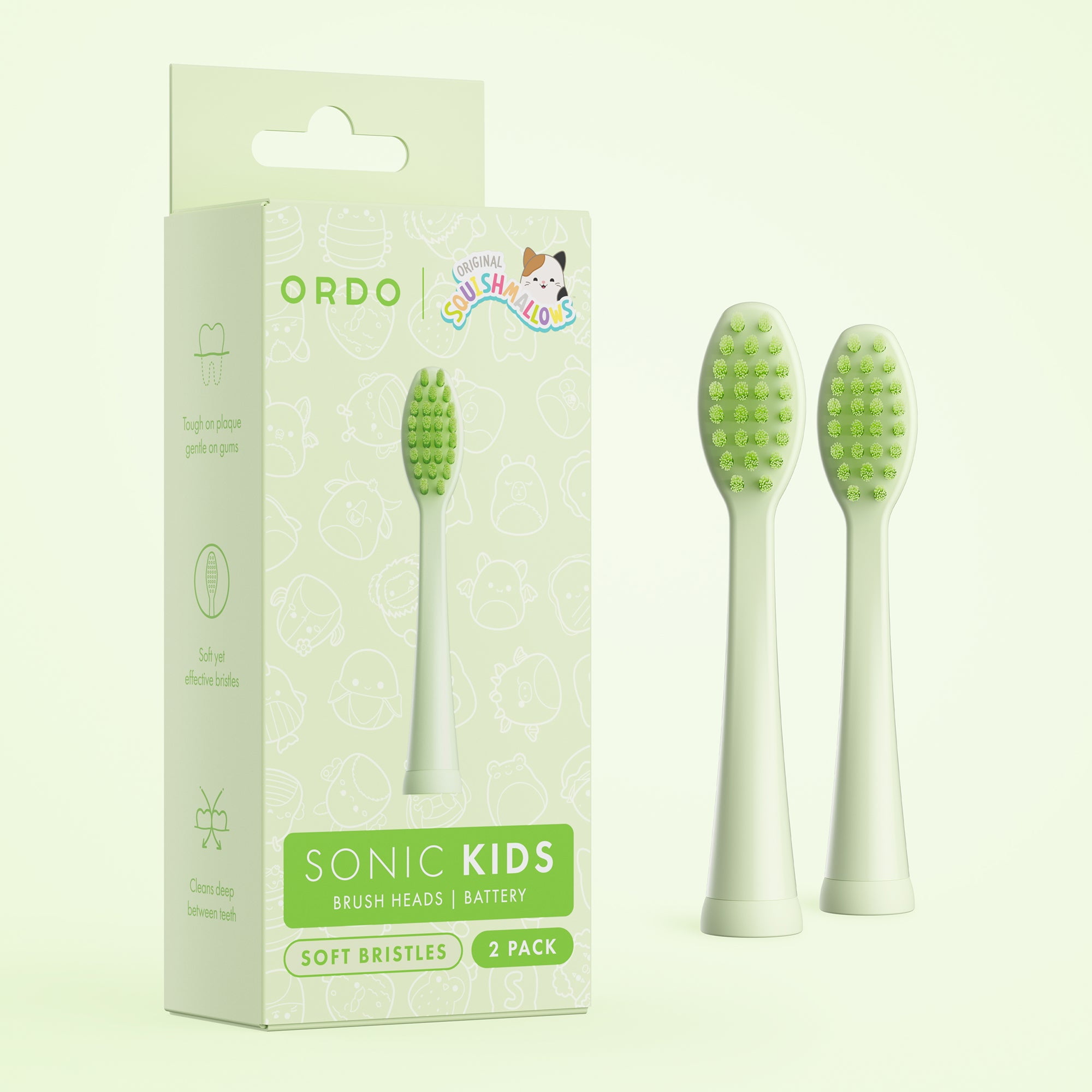 Ordo - Kids Battery Toothbrush Heads - Squishmallows Rutabaga - Green - 2 Pack