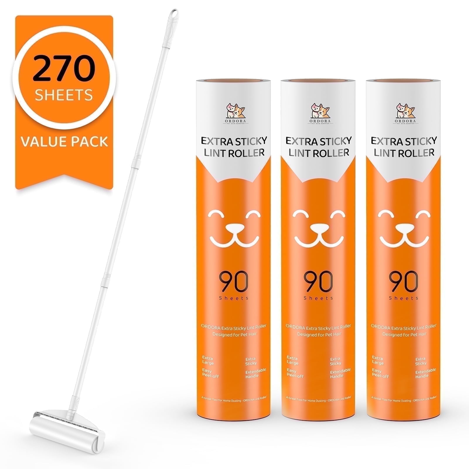 Ordora Large Lint Roller with Long Handle for Floor, 270 Sheets Total, 3 Count