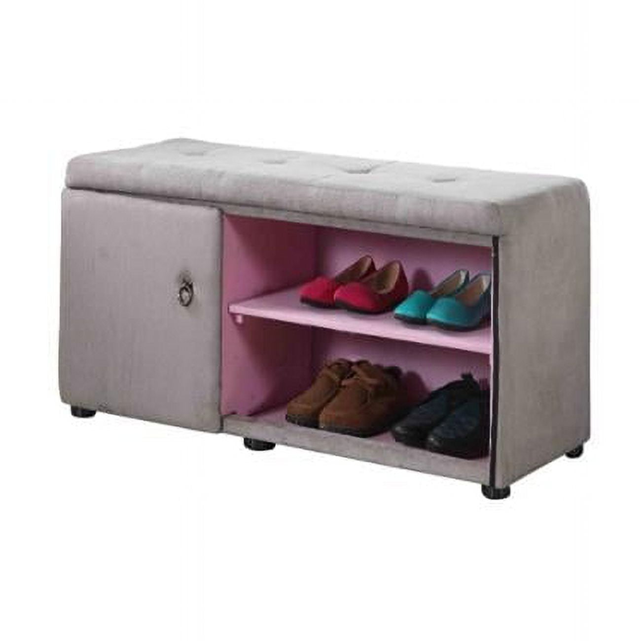 Silver Gray Plush Fabric Shoe Storage Ottoman