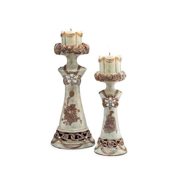 Ore Furniture Vintage Rose Candle Holder - Green Stone Color - Large 7 x 7 x 16 in. & Small 5 x 5 x 12 in.