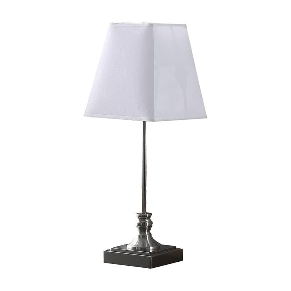Brushed Silver Metal Table Lamp with White Linen Shade