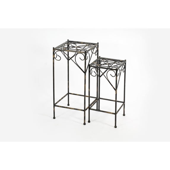 21.06" & 26.18" Celtic Clover Square Black/Gold Cast Metal Plant Stand Set of 2