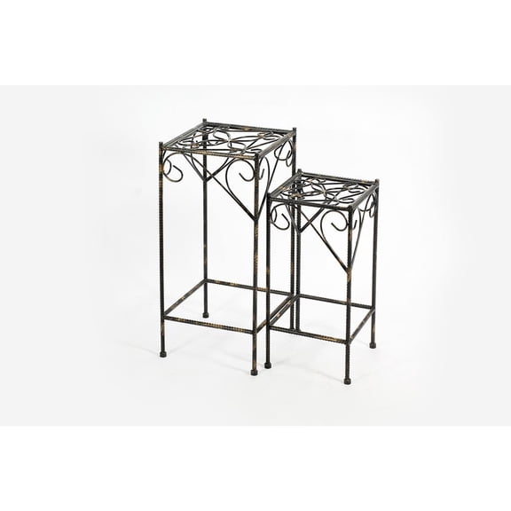 21.06" & 26.18" Celtic Clover Square Black/Gold Cast Metal Plant Stand Set of 2